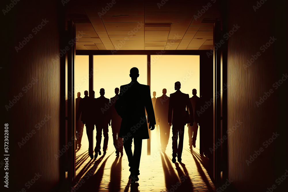 Massive layoffs hitting Big Tech. Tech workers mass layoffs. Silhouettes of lot of people go to the exit from the office. AI generative