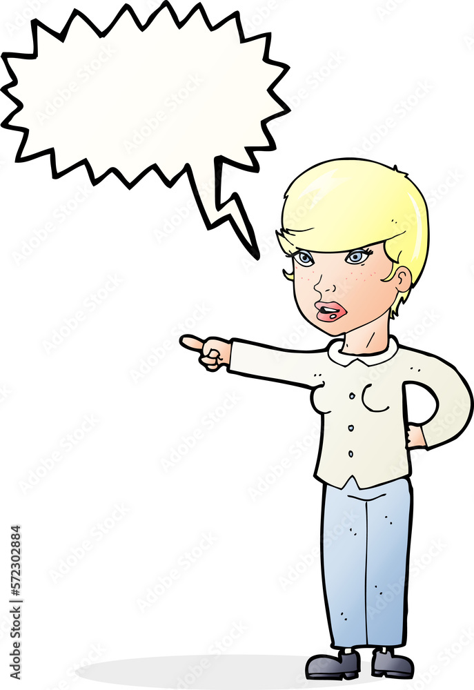 cartoon woman pointing finger of blame with speech bubble cartoon woman pointing finger of blame with speech bubble