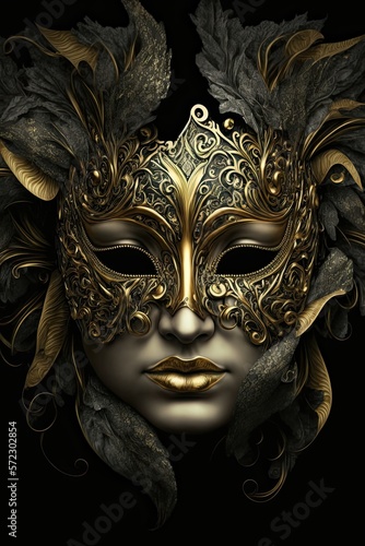 Mardi Gras carnival festival black and gold mask vertical web banner. Mardi Gras carnival poster. AI generative © SmartArt