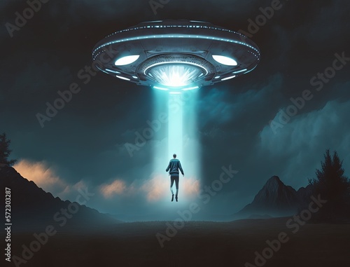Man Being Abducted By Mysterious UFO Human Floating In Air During Dark Night In Open Field photo
