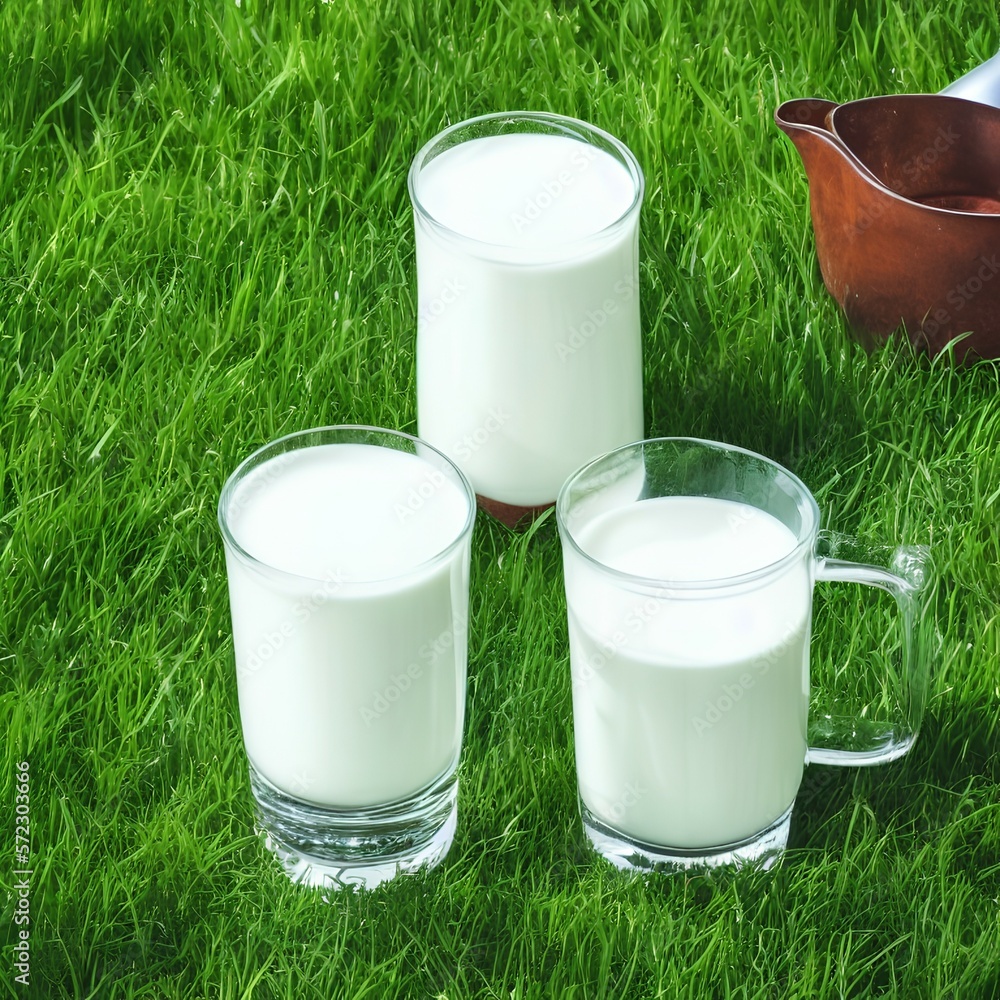 Pitcher and glass of milk on grass on nature background - generative ai Pitcher and glass of milk on grass on nature background - generative ai