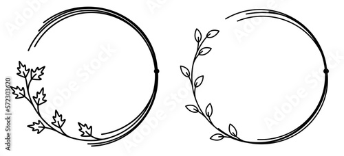 Vector unusual circle frames in mono line style with leafs. Collection of pair floral frames.