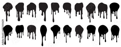 Set of twenty black decors with paint drips. Vector illustration for your design.