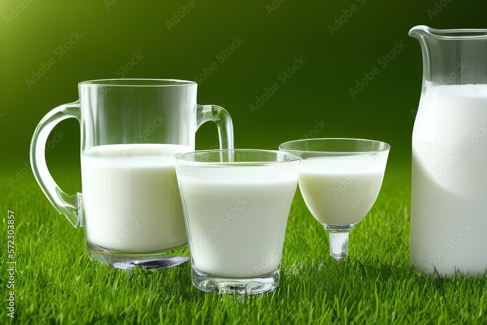 Pitcher and glass of milk on grass on nature background - generative ai Pitcher and glass of milk on grass on nature background - generative ai
