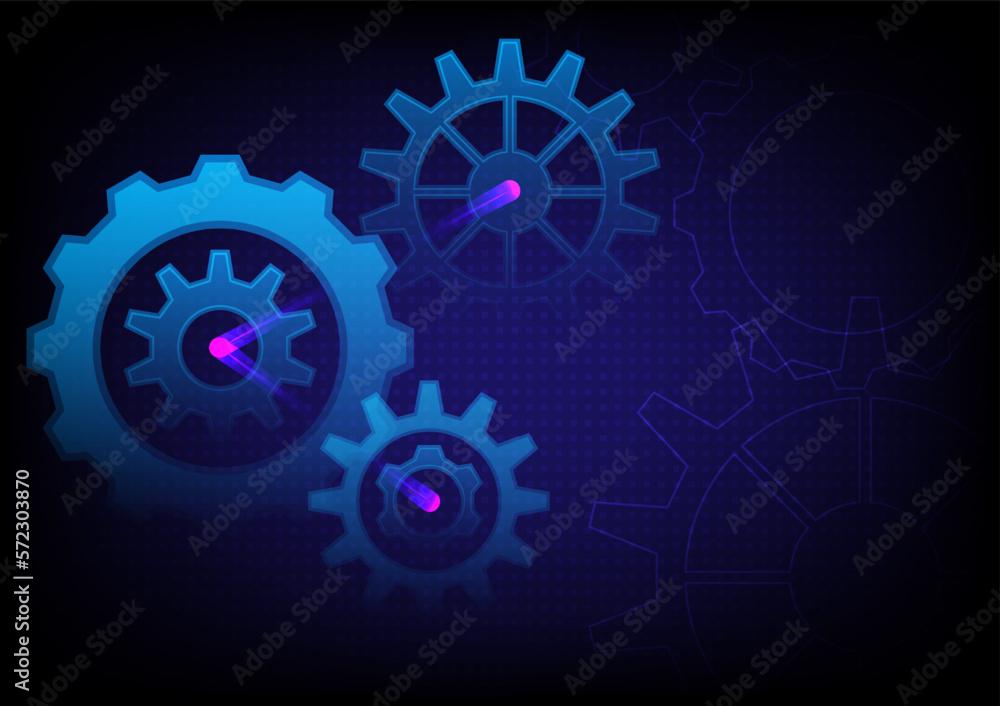 Background technology abstract three cogs The pink beam connects the center. small squares behind the blue gradient background