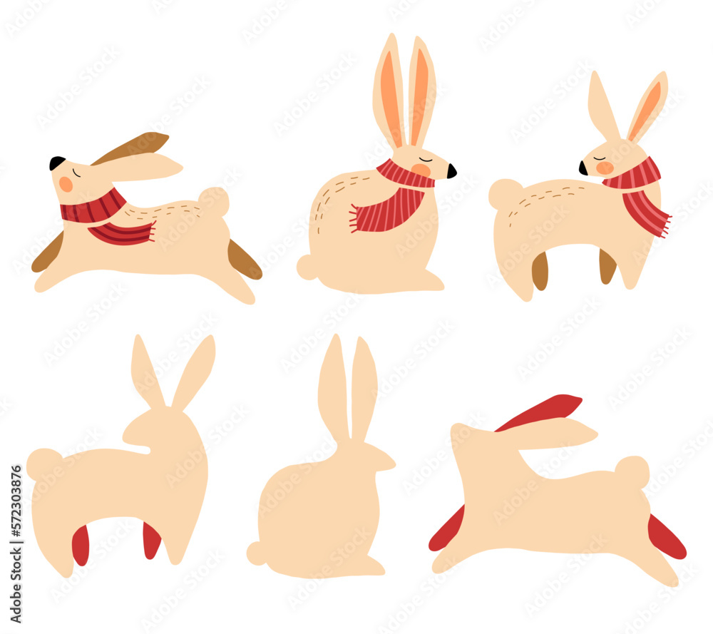 set of Flat vector illustrations of cute rabbits