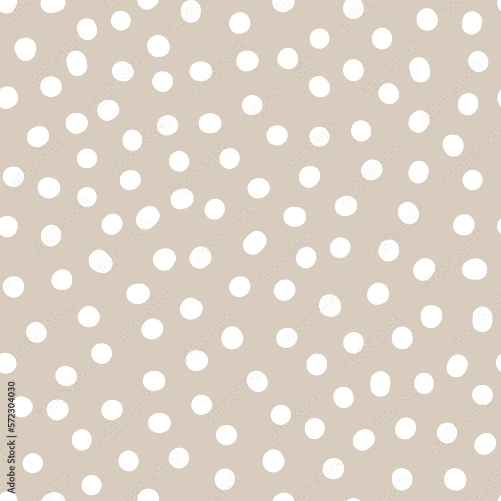 Seamless neutral polka dots pattern. White hand-drawn circles isolated on beige background. Abstract Random points ornament. Vector illustration for wallpaper, fabric, print, wrapping paper, textile