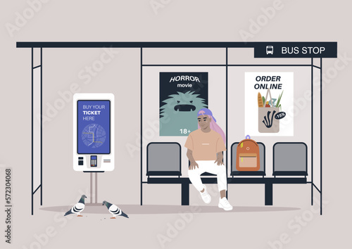 Young modern character at the bus station waiting for their transport