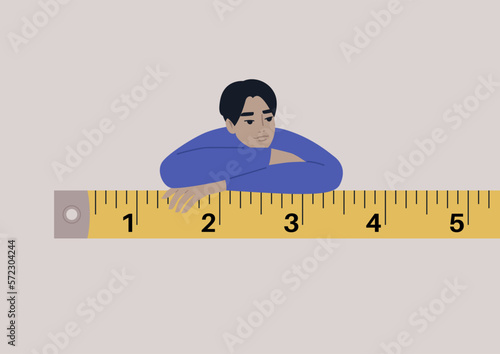 A young male Asian character leaning on a tape ruler, construction industry, precise measurements