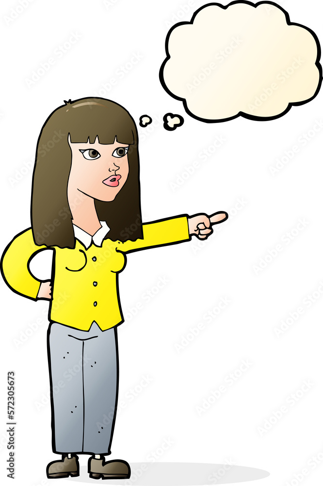 Fototapeta premium cartoon pretty woman pointing with thought bubble