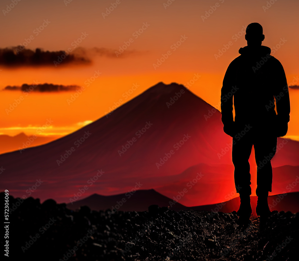Full Body of a Man in the Background a Volcano at Sunset Generative AI