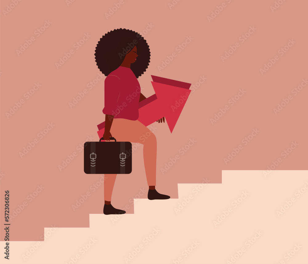 African American woman climbs up the stairs and holds arrows to reach her objective. Businesswoman goes up the staircase of her career. Black community matters and business women empowerment concept. African American woman climbs up the stairs and holds arrows to reach her objective. Businesswoman goes up the staircase of her career. Black community matters and business women empowerment concept.