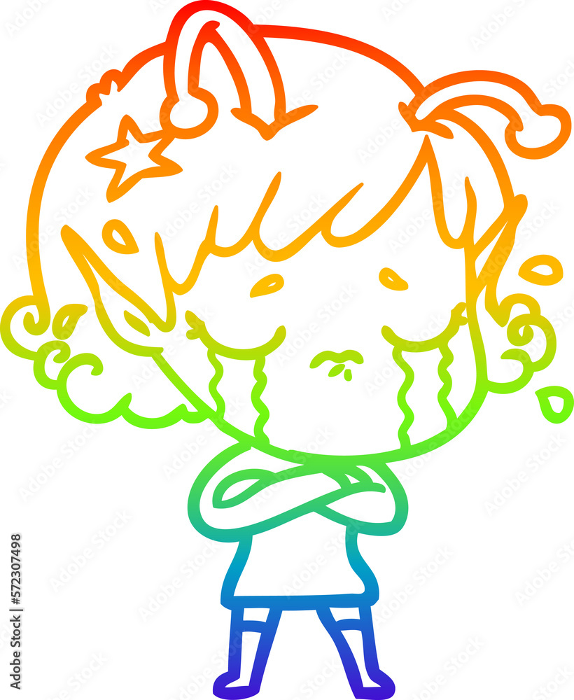 rainbow gradient line drawing cartoon crying alien girl rainbow gradient line drawing cartoon crying alien girl
