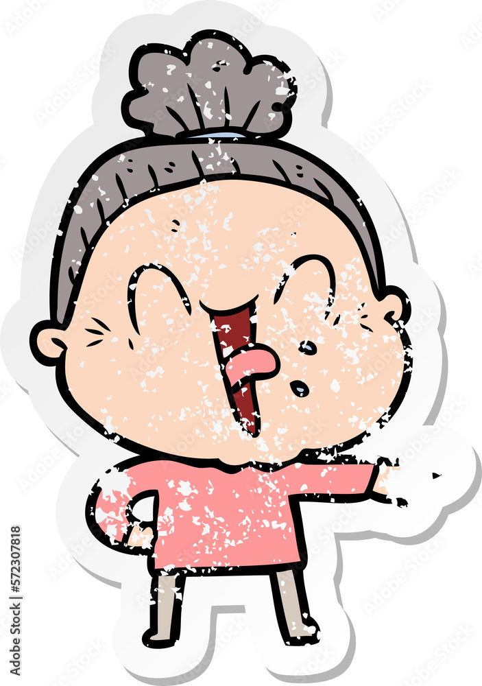 distressed sticker of a cartoon happy old woman distressed sticker of a cartoon happy old woman
