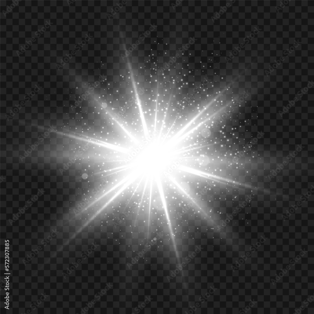 Star burst with sparkles. Silver light flare effect with stars, sparkles and glitter isolated on transparent background. Vector illustration of shiny glow star with stardust, white lens flare
