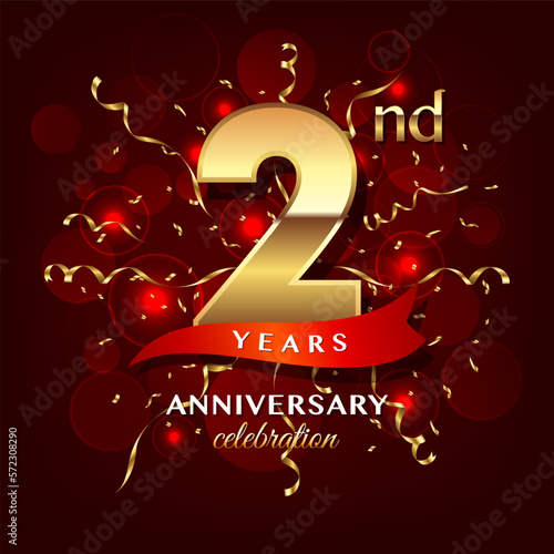 2nd Anniversary logo design with golden number and red ribbon for anniversary celebration event, invitation, wedding, greeting card, banner, poster, flyer, brochure, book cover. Logo Vector Template