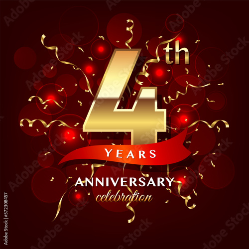 4th Anniversary logo design with golden number and red ribbon for anniversary celebration event, invitation, wedding, greeting card, banner, poster, flyer, brochure, book cover. Logo Vector Template