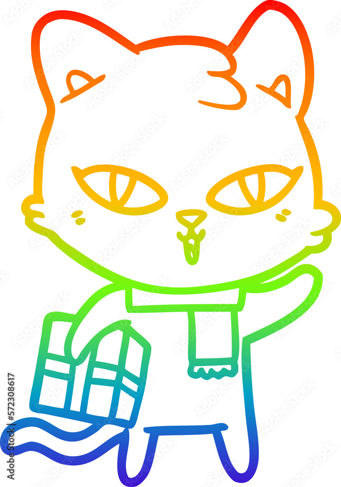 rainbow gradient line drawing cartoon cat with a present rainbow gradient line drawing cartoon cat with a present