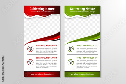 cultivating nature roll up Banner Design, Cleaning Service flyer template, space photo collage and text. Trend Business poster with vetical layout. white background with green and red gradient element