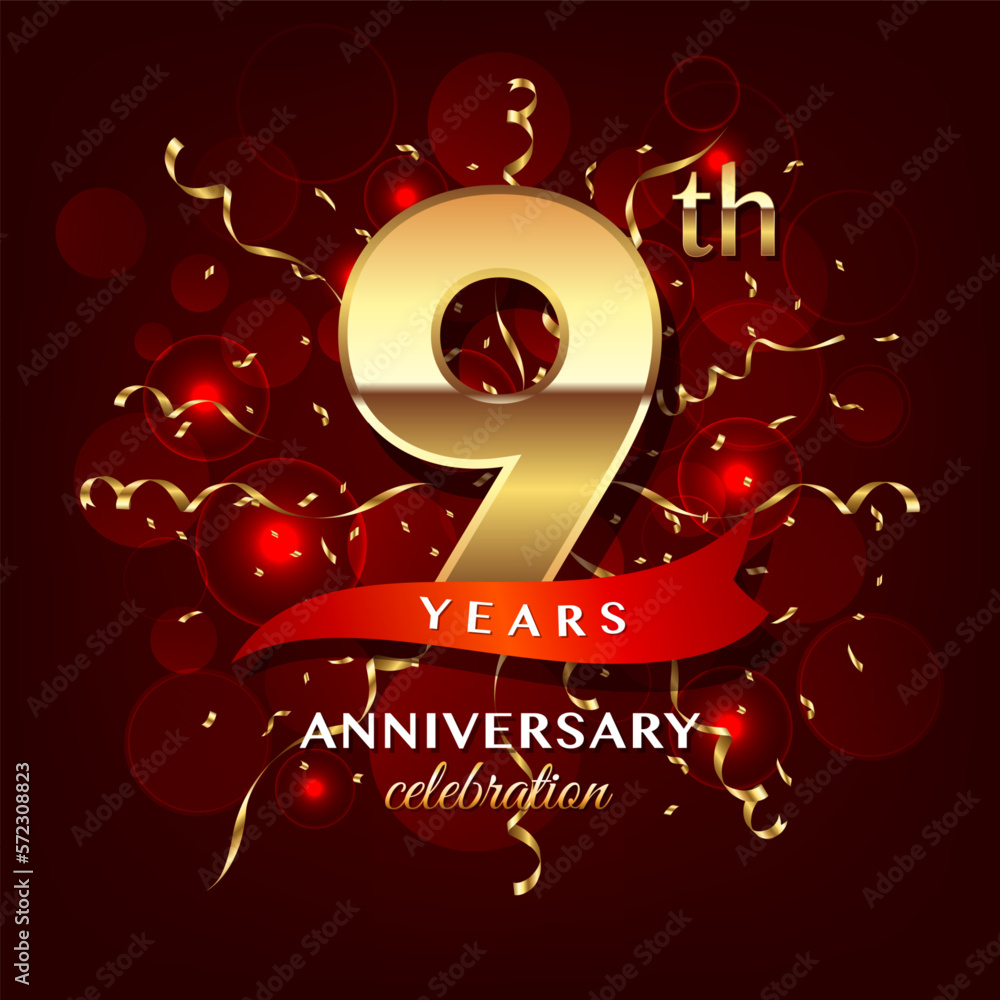 9th Anniversary logo design with golden number and red ribbon for ...