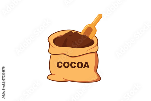 Vector of cocoa powder in a bag with a wooden spoon on it isolated on a white background