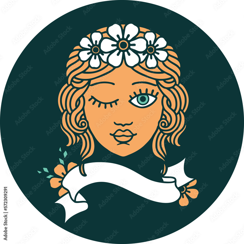icon with banner of a maidens face winking icon with banner of a maidens face winking