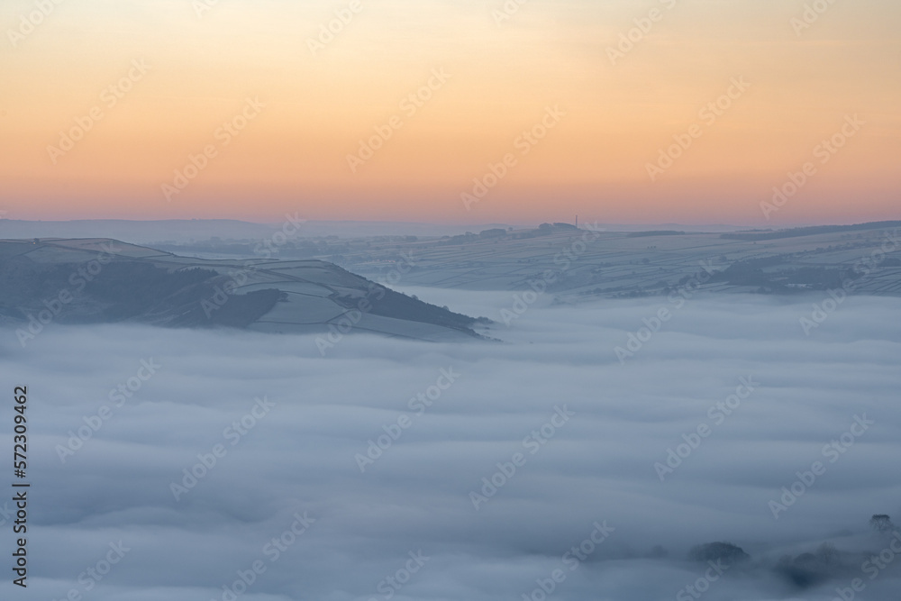 Bamford Edge sunrise cloud inversion in the Peak District National Park, UK.