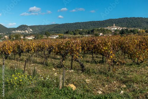 Village de Siguret au milieu des vignes à l' automne , au pays des Dentelles de Montmirail. Vaucluse. France	