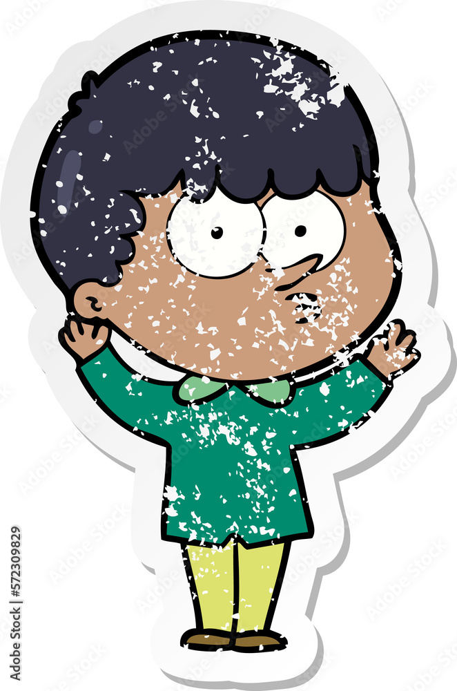 distressed sticker of a cartoon curious boy distressed sticker of a cartoon curious boy