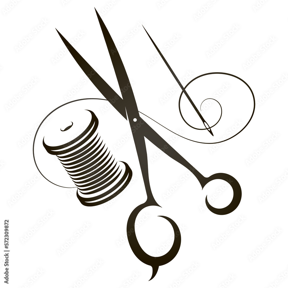 Tailors scissors and needle and thread. Design for a sewing studio and a tailor Stock