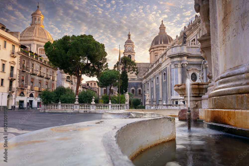 Catania, Sicily, Italy. Cityscape image of Duomo Square in Catania, Sicily with Cathedral of Saint Agatha at sunrise.