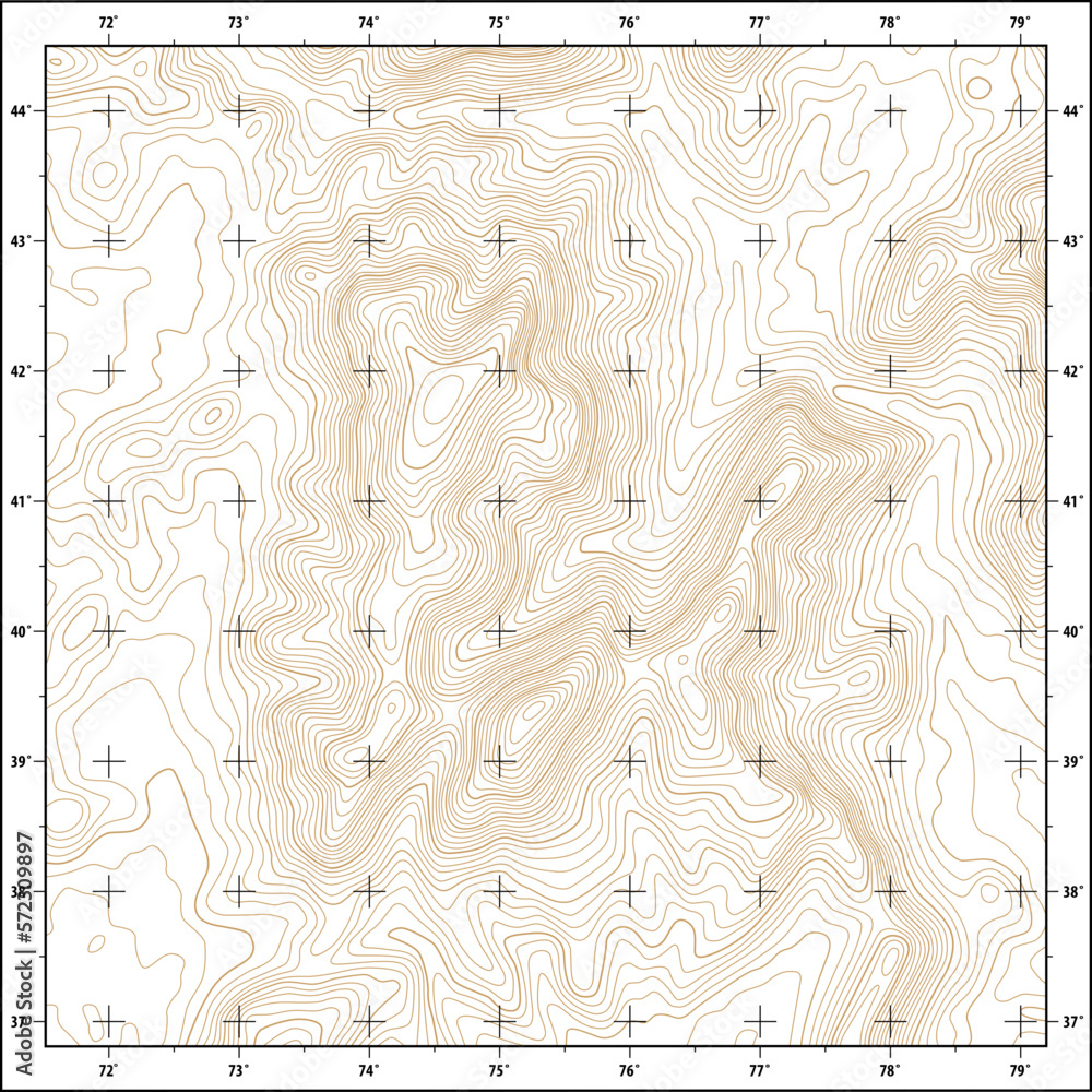 Imaginary topographic contour map with coordinate grid