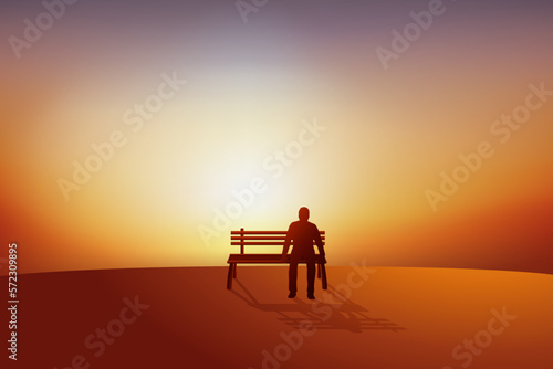 Concept de la solitude et de l’isolement avec un homme déprimé, assis sur un banc. photo