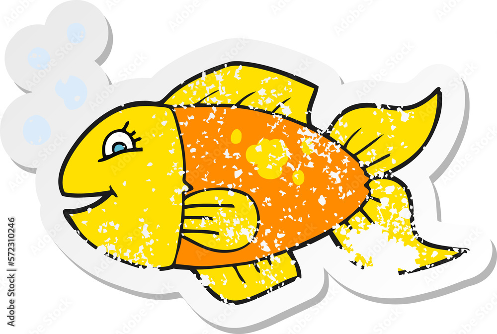 retro distressed sticker of a cartoon fish
