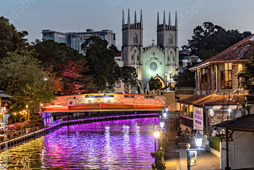 St. Francis Xavier Church and Melaka river by night in Malacca, Malaysia