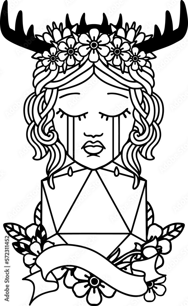 crying human druid with D20 natural one roll illustration crying human druid with D20 natural one roll illustration