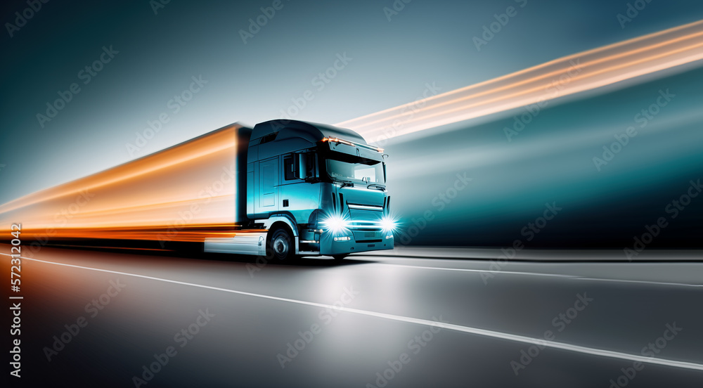 Banner of truck driving at speed of light. Generative AI illustration