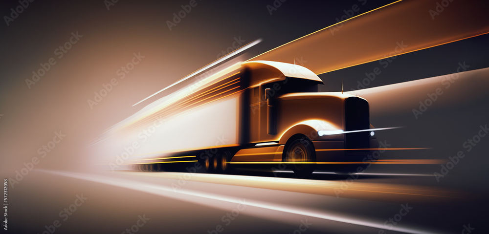 Transportation concept banner with truck in motion blur. Generative AI illustration