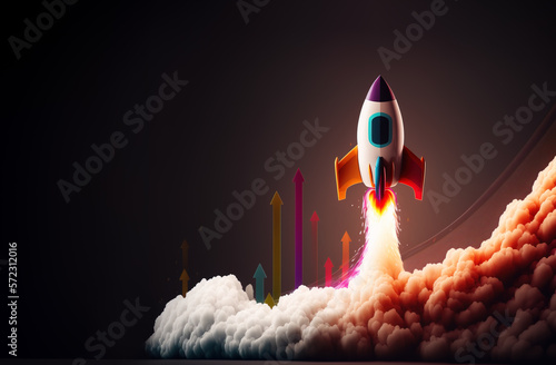 Start-up take off concept with rocket flying up . Generative AI illustration
