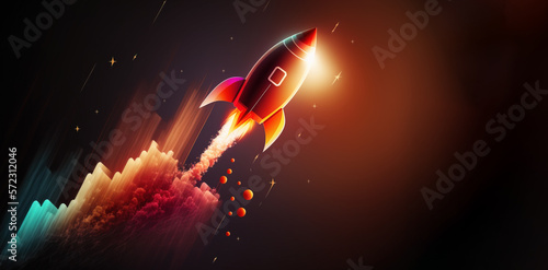 Minimalist banner with rocket ship taking off. Generative AI illustration