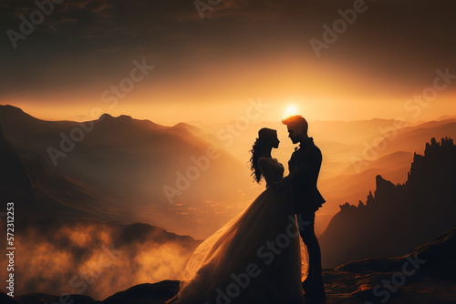 Wedding couple embracing on mountain top at sunset. Generative AI illustration