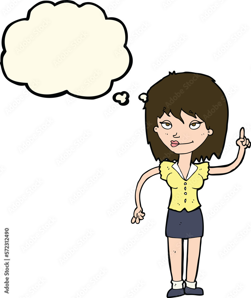 cartoon woman with idea with thought bubble cartoon woman with idea with thought bubble