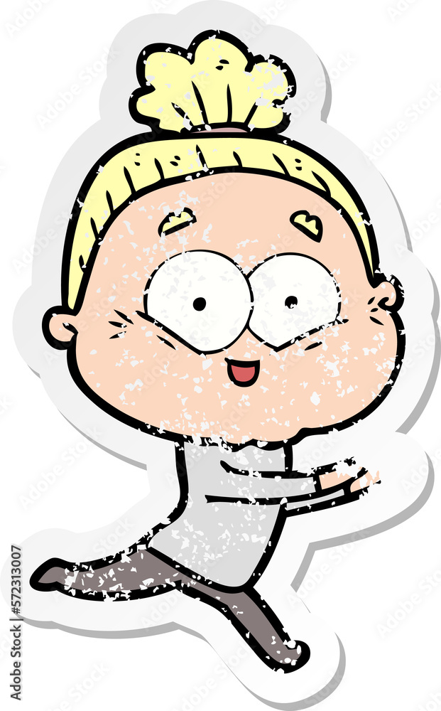 distressed sticker of a cartoon happy old woman distressed sticker of a cartoon happy old woman