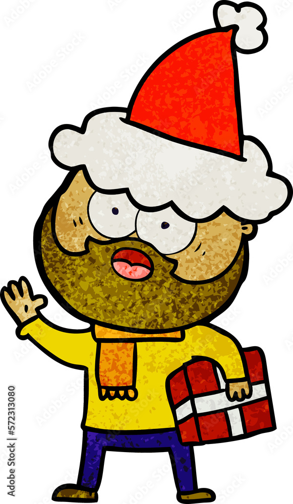 textured cartoon of a bearded man with present wearing santa hat textured cartoon of a bearded man with present wearing santa hat