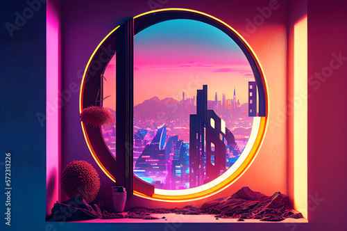 Futuristic Interior with dystopian cyberpunk megapolis view behind the window. Neon lights and future. Generative AI Illustration