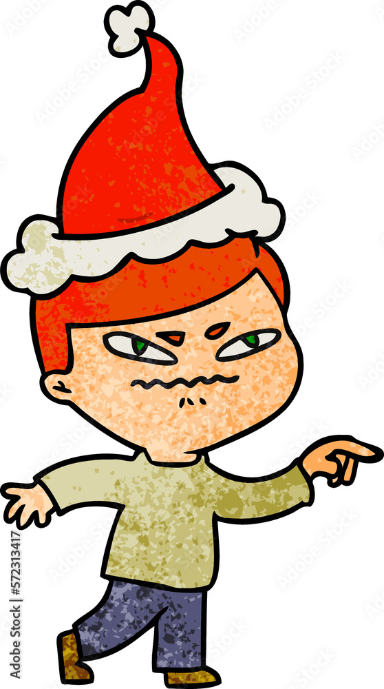 textured cartoon of a angry man pointing wearing santa hat