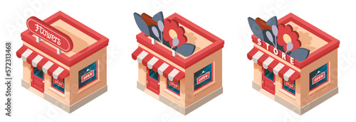 Isometric Flower shop. 3d shop icons. Store icons set. Vector clipart isolated on white background.