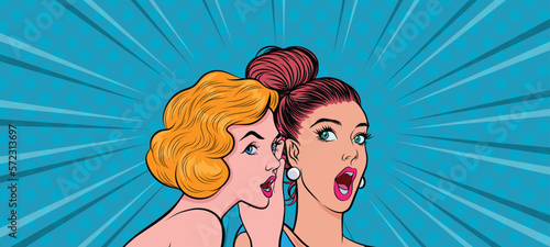 Beautiful woman whispering a gossip or secret to a friend, Vector illustration in pop vintage style.