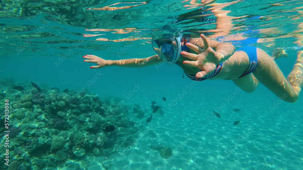 in the sea, a girl in a special snorkeling mask swims, examines fish, corrals, the beauty of the underwater world, on a hot summer day, while on vacation.