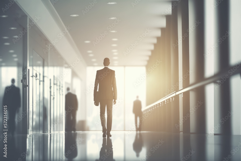 businessman walking in a long corridor with tile and concrete walls. The light is shining in the end. Cityscape foreground. 3d rendering mock up toned image double exposure Generative AI businessman walking in a long corridor with tile and concrete walls. The light is shining in the end. Cityscape foreground. 3d rendering mock up toned image double exposure Generative AI